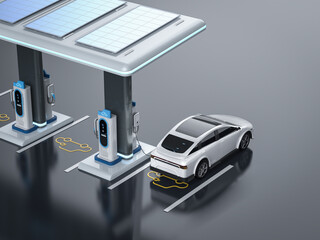 Ev car or electric vehicle plug in at recharging station