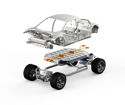 Explode view of golden electric vehicle battery with car frame