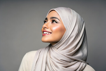 gorgeous hijabed model. isolated on grey background. created by Generative AI