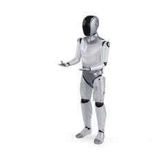 Humanoid robot with black face hand extend isolated on white