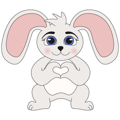 Adorable flat bunny with heart-shaped paws isolated transparent background. Romantic bunny in love template design. Vector illustration for Valentine's Day greeting card poster design.