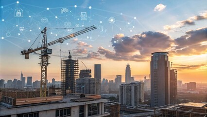 Fototapeta premium Smart City Development with Skyscrapers, Data Overlays, and Holographic Interfaces in Cinematic Detail V2