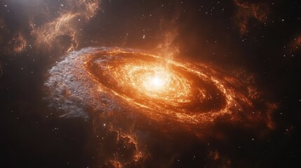 A stunning cosmic scene depicting a swirling galaxy with bright orange hues and vibrant star formations set against a dark background.