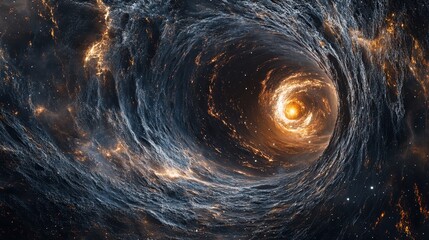 A stunning cosmic vortex with swirling galaxies and a bright central light, evoking the mysteries and beauty of the universe.