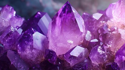 A stunning close-up of vibrant purple amethyst crystals shimmering beautifully in the light.