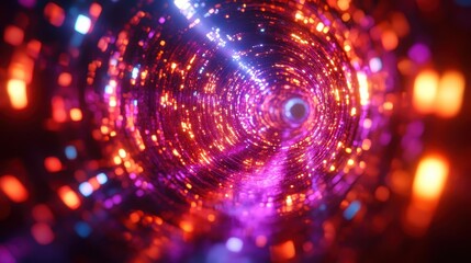 A vibrant, swirling tunnel of colorful lights in shades of purple, blue, and orange, creating a mesmerizing, abstract digital effect.