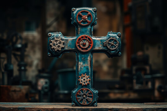 A cross made out of metal with gears on it