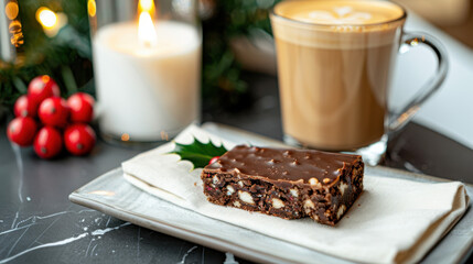 National Peppermint Bark Day. A decadent chocolate brownie with nuts served on a plate alongside a steaming latte, festive red berries, and a glowing candle, creating a cozy holiday scene.

