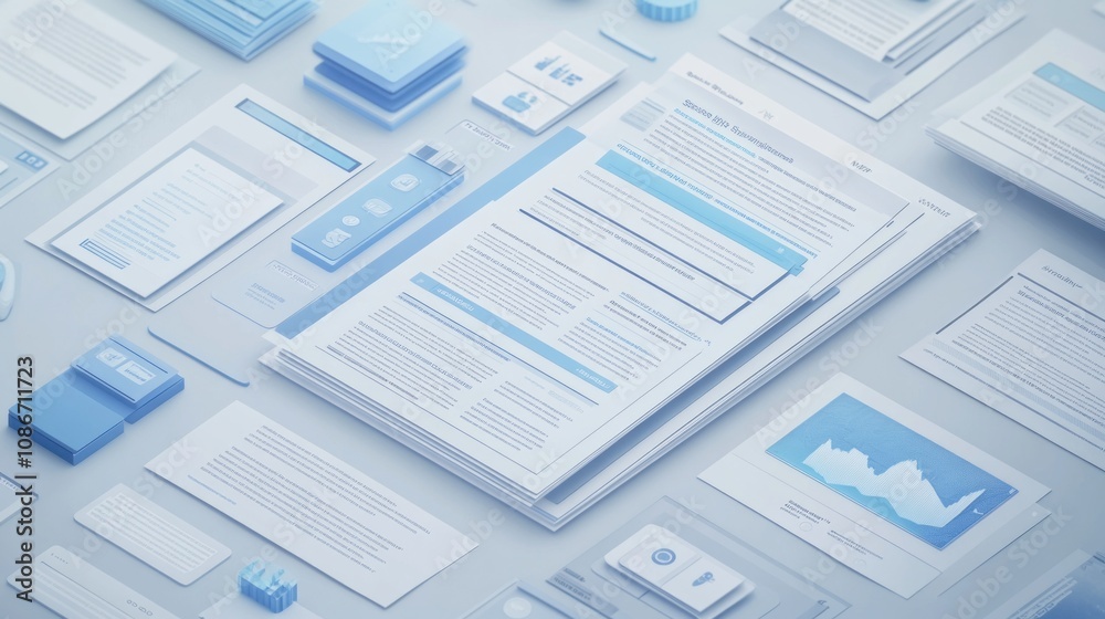 Poster a collection of documents and graphics in blue tones, suggesting business or data analysis.