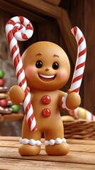 Obraz premium Adorable Gingerbread Man with Candy Canes - Christmas Festive Character
