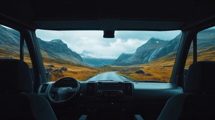 A scenic view from a camper van showcasing lush mountains and a winding road under a cloudy sky.
