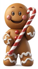 Cheerful 3D Rendered Gingerbread Man Holding Candy Cane