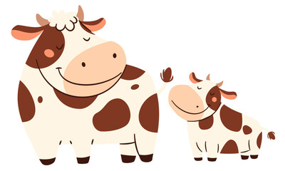 Set of flat vector illustrations in a simple children's style. Cute spotted cow and her baby calf on white background. Frmer animals and their cubs. Vector illustration © Alena