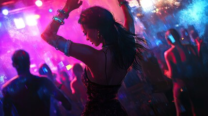 A young Asian woman dancing energetically at a vibrant nightclub, illuminated by dynamic colored lights.