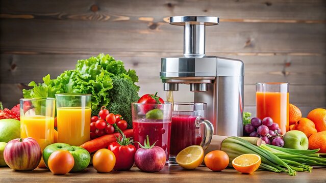 A juicer machine in action processing a variety of fruits and vegetables into a batch of colorful juices, exercise, juicer, fitness, juice extractor