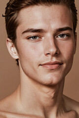 Obraz premium A shirtless young man with brown hair and blue eyes.