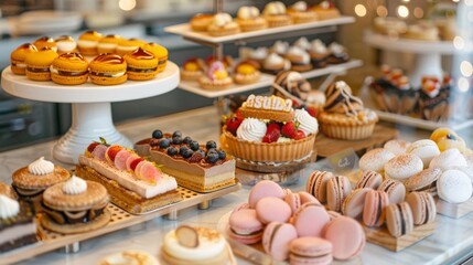 Fototapeta premium A French patisserie displaying an array of delicate pastries, macarons, and tarts, beautifully arranged on a counter