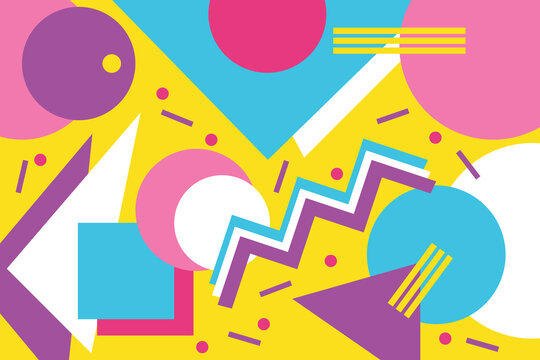 Background vector illustration: Colorful pattern from triangles, circle, and squares on the bright background. 80's - 90's years design style. 