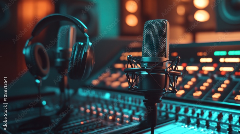 Aufkleber a microphone and headphones set up in a music studio with a mixing console.