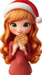 Adorable Ginger-haired Girl in Santa Hat Holding Christmas Cookie