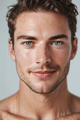Obraz premium A shirtless young man with freckles on his face.
