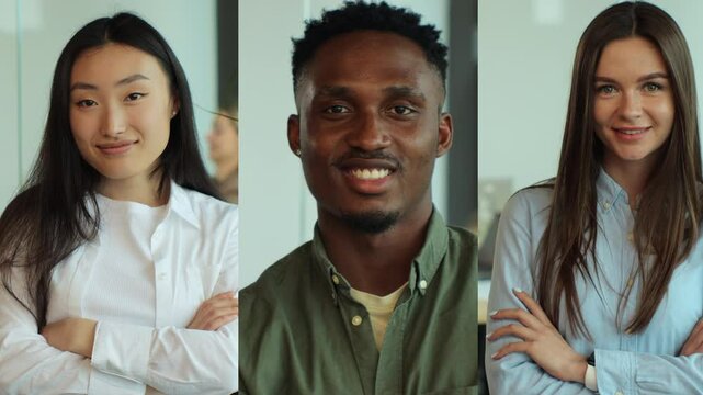 Vertical multiscreen on happy multiethnic male and female employees at work. Close up portrait of workers smiling at office. Multiscreen footage. Split screen variation.