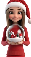 Adorable 3D Cartoon Girl in Santa Hat Holding Christmas Snow Globe