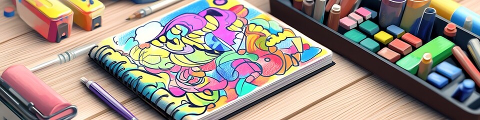A notebook filled with vibrant doodles and sketches lying next to a collection of art supplies