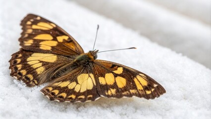 A lone butterfly with beautiful brown and yellow wings resting on a soft white surface, highlighting its intricate patterns, earthy tones, close-up