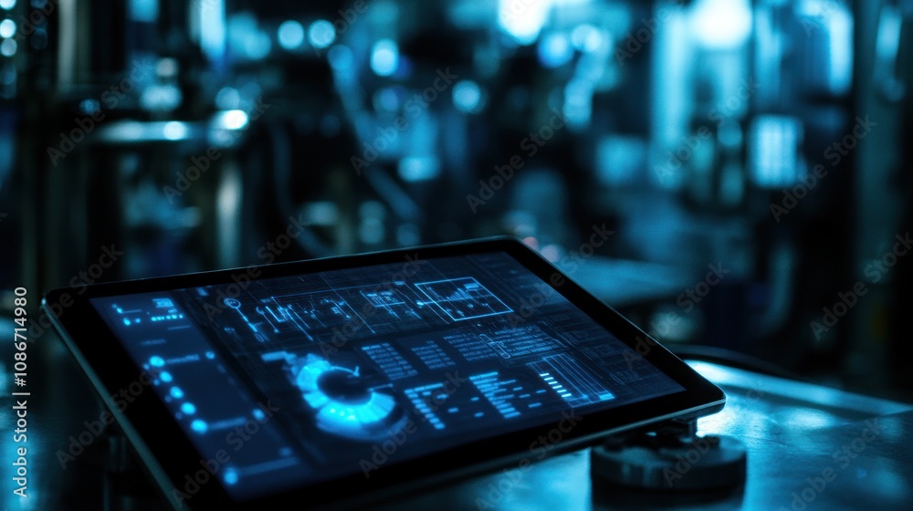 Poster A tablet displaying digital data in a dimly lit industrial environment.