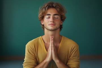 Young beautiful man model meditates and prays. Sitting in a yoga position. Nature green background.