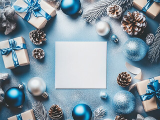 
Elegant Christmas-themed flat lay with a blank white card bordered by blue, surrounded by sparkling silver and blue decorations, gift boxes with shiny ribbons, glittery baubles, and frosted pine cone