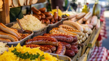 Obraz premium A German bratwurst stand with a variety of sausages, sauerkraut, and mustard