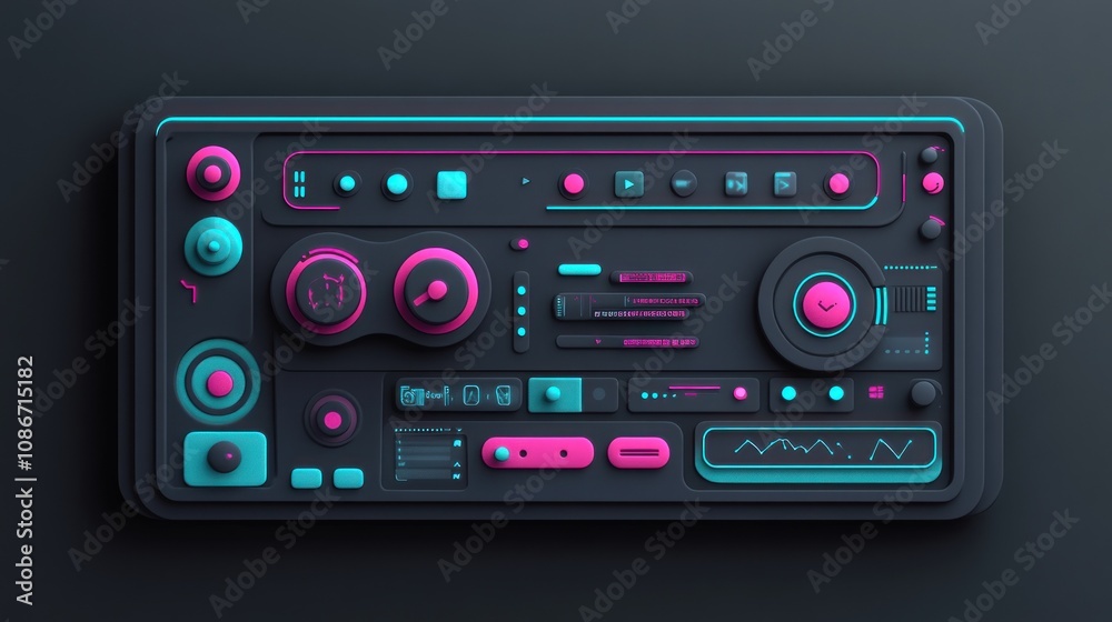 Leinwandbilder a stylized control panel featuring vibrant buttons and sliders for audio or visual manipulation.