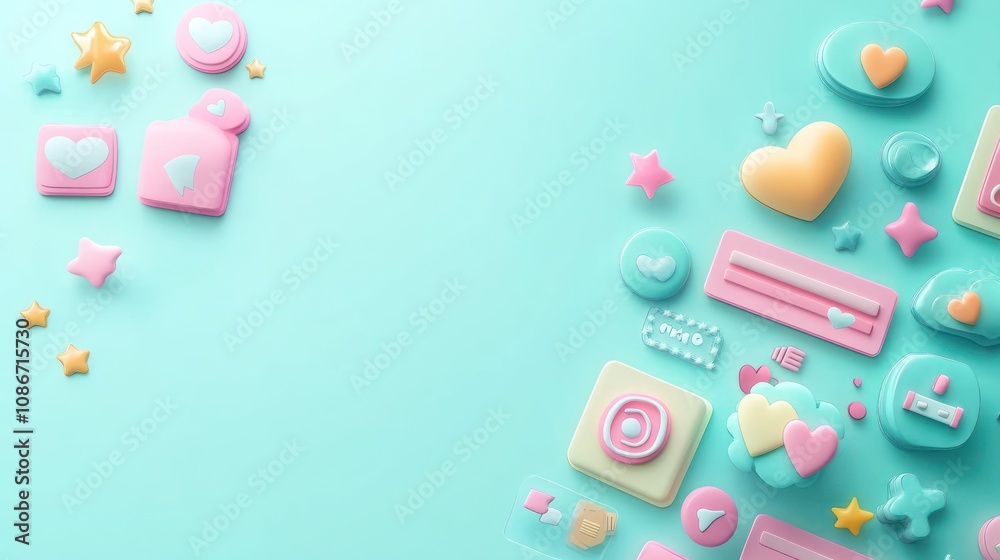 Poster a colorful arrangement of playful icons and shapes on a mint background.