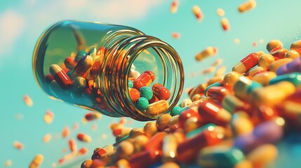 Colorful Pills Spilling From a Glass Jar Against a Blue Sky AI Generated