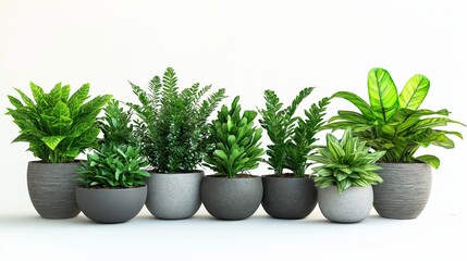 Fototapeta premium Plants in white ceramic pot: ficus lyrata, Sansevieria, pachira, zz zamioculcas zamiifolia or zanzibar gem plant. Variety of species. Isolated on a white background.