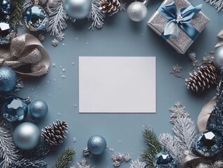 
Elegant Christmas-themed flat lay with a blank white card bordered by blue, surrounded by sparkling silver and blue decorations, gift boxes with shiny ribbons, glittery baubles, and frosted pine cone