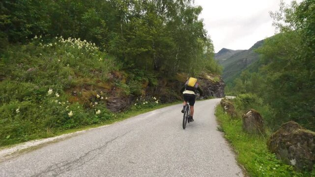 POV following a cyclist bike packing Norway road downhill on mountain fjord path