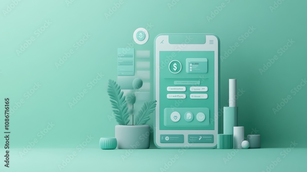 Aufkleber A minimalist digital interface with financial elements and a plant in a serene green setting.
