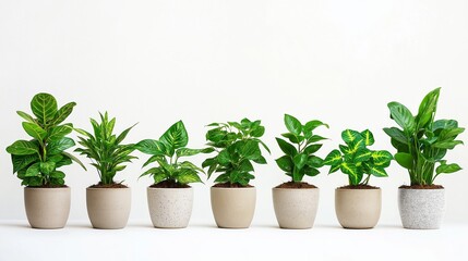 Fototapeta premium Plants in white ceramic pot: ficus lyrata, Sansevieria, pachira, zz zamioculcas zamiifolia or zanzibar gem plant. Variety of species. Isolated on a white background.
