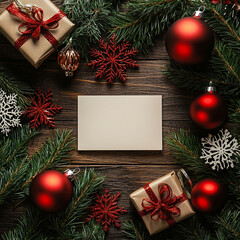 Holiday table arrangement, top view: Blank center card framed with natural pine branches, shimmering red ornaments, intricate snowflakes and a small wrapped gift. 