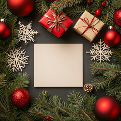 Holiday table arrangement, top view: Blank center card framed with natural pine branches, shimmering red ornaments, intricate snowflakes and a small wrapped gift. 