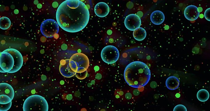 Bolle colorate che navigano nello spazio ricco di particelle colorate con bagliori diffusi