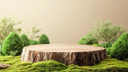 A serene natural setting featuring a wooden platform surrounded by lush greenery, evoking tranquility and connection to nature.