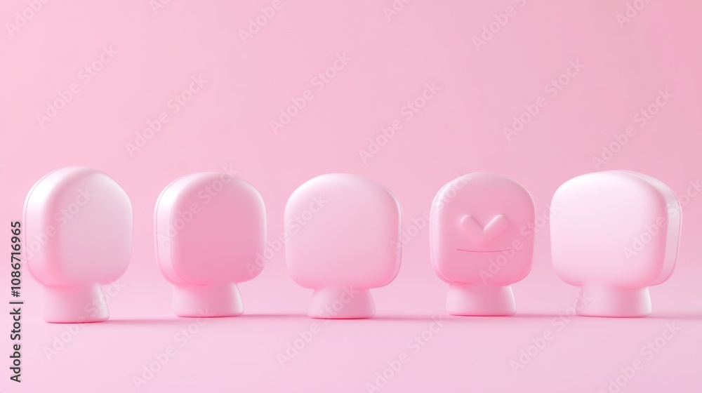 Poster five minimalist pink head-shaped figures with varying expressions on a soft pink background.