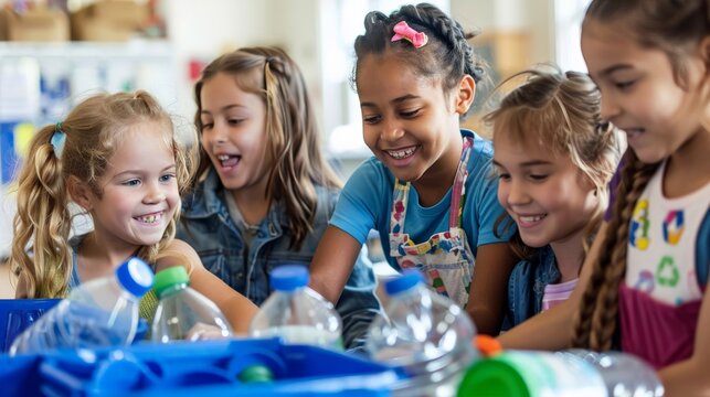 A group of children learning about recycling at school, engaging in hands-on activities - Powered by Adobe