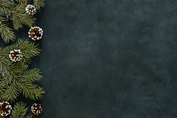 A moody and natural winter scene, with snow-dusted pine cones and fresh evergreen branches framing the left side of a dark chalkboard-like texture. A clean and modern backdrop ideal for text overlays 