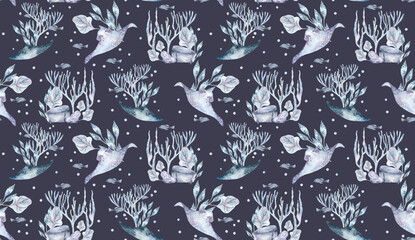 Ocean animals and sea plants horizontal seamless pattern isolated. Watercolor blue monochrome marine life elements stingray, seaweeds hand painted. Sea world on botanical texture and ray fish.