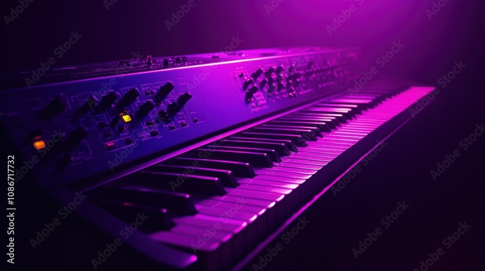 Poster a vibrant synthesizer in purple lighting, showcasing its keys and controls for music production.